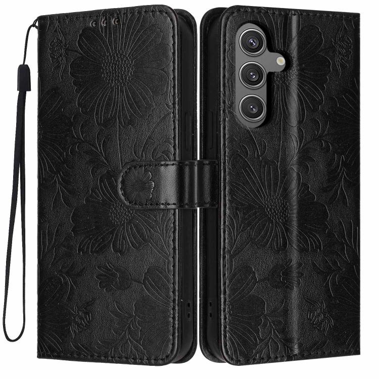 Custodia per telefono in ecopelle con stampa girasole in rilievo e cordino nero sottile., For Samsung Galaxy S24 FE 5G, For Samsung Galaxy S24+ 5G, For Samsung Galaxy S24 5G, For Samsung Galaxy S23 FE 5G