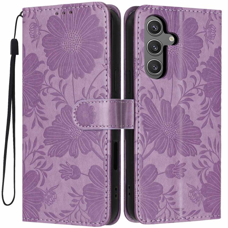 Custodia per telefono in ecopelle con stampa girasole in rilievo e cordino nero sottile., For Samsung Galaxy S24 FE 5G, For Samsung Galaxy S24+ 5G, For Samsung Galaxy S24 5G, For Samsung Galaxy S23 FE 5G