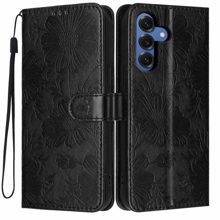 Custodia per telefono in ecopelle con stampa girasole in rilievo e cordino nero sottile., For Samsung Galaxy S25 FE 5G, For Samsung Galaxy S25 Edge 5G, For Samsung Galaxy S25 5G, For Samsung Galaxy S25+ 5G