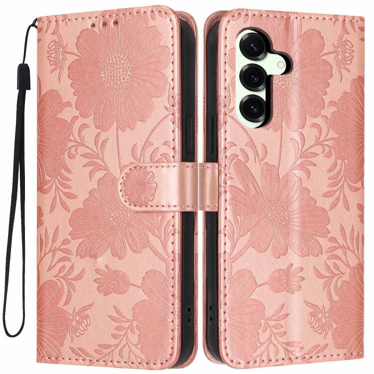 Custodia per telefono in ecopelle con stampa girasole in rilievo e cordino nero sottile., For Samsung Galaxy S25 FE 5G, For Samsung Galaxy S25 Edge 5G, For Samsung Galaxy S25 5G, For Samsung Galaxy S25+ 5G