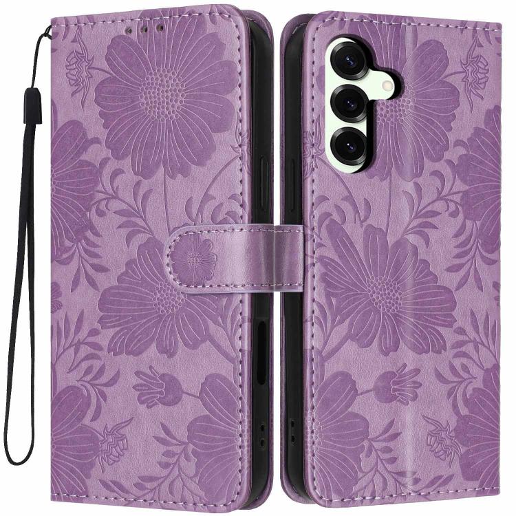 Custodia per telefono in ecopelle con stampa girasole in rilievo e cordino nero sottile., For Samsung Galaxy S25 FE 5G, For Samsung Galaxy S25 Edge 5G, For Samsung Galaxy S25 5G, For Samsung Galaxy S25+ 5G
