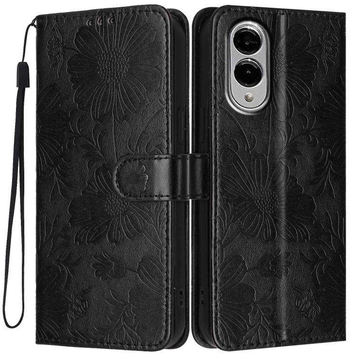 Custodia per telefono in ecopelle con stampa girasole in rilievo e cordino nero sottile., For Samsung Galaxy S25 FE 5G, For Samsung Galaxy S25 Edge 5G, For Samsung Galaxy S25 5G, For Samsung Galaxy S25+ 5G