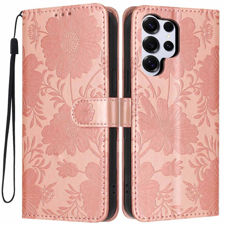 Custodia per telefono in ecopelle con stampa girasole in rilievo e cordino nero sottile., For Samsung Galaxy S26+ 5G, For Samsung Galaxy S26 Edge 5G, For Samsung Galaxy S26 Ultra 5G, For Samsung Galaxy S26 5G