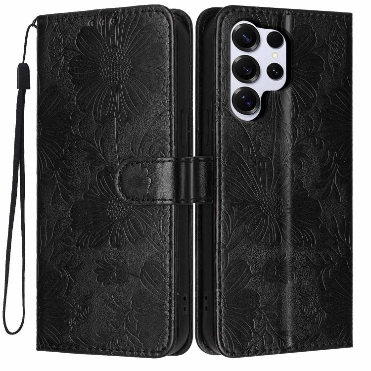Custodia per telefono in ecopelle con stampa girasole in rilievo e cordino nero sottile., For Samsung Galaxy S26+ 5G, For Samsung Galaxy S26 Edge 5G, For Samsung Galaxy S26 Ultra 5G, For Samsung Galaxy S26 5G