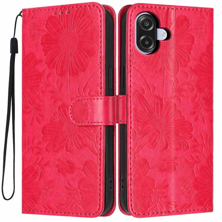 Custodia per telefono in ecopelle con stampa girasole in rilievo e cordino nero sottile., For Samsung Galaxy M06 5G, For Samsung Galaxy M33