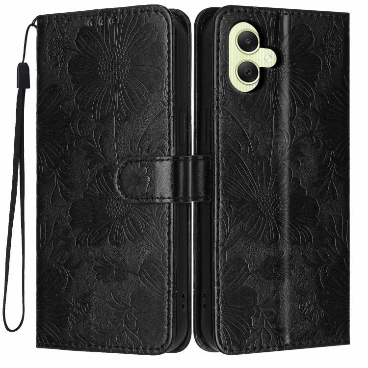 Custodia per telefono in ecopelle con stampa girasole in rilievo e cordino nero sottile., For Samsung Galaxy A05, For Samsung Galaxy A34 5G, For Samsung Galaxy A54 5G, For Samsung Galaxy A53 5G