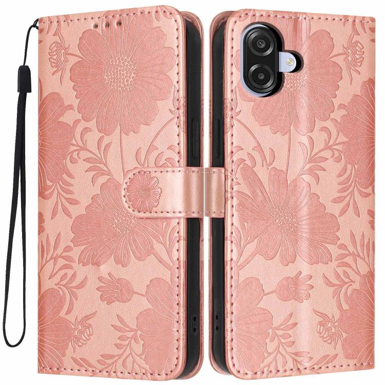 Custodia per telefono in ecopelle con stampa girasole in rilievo e cordino nero sottile., For Samsung Galaxy A06 4G, For Samsung Galaxy A15 4G / 5G, For Samsung Galaxy A55 5G, For Samsung Galaxy A35 5G