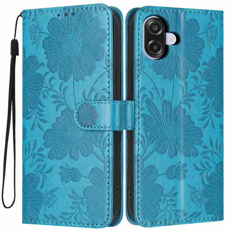 Custodia per telefono in ecopelle con stampa girasole in rilievo e cordino nero sottile., For Samsung Galaxy A06 4G, For Samsung Galaxy A15 4G / 5G, For Samsung Galaxy A55 5G, For Samsung Galaxy A35 5G