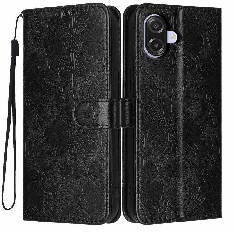 Custodia per telefono in ecopelle con stampa girasole in rilievo e cordino nero sottile., For Samsung Galaxy A06 4G, For Samsung Galaxy A15 4G / 5G, For Samsung Galaxy A55 5G, For Samsung Galaxy A35 5G