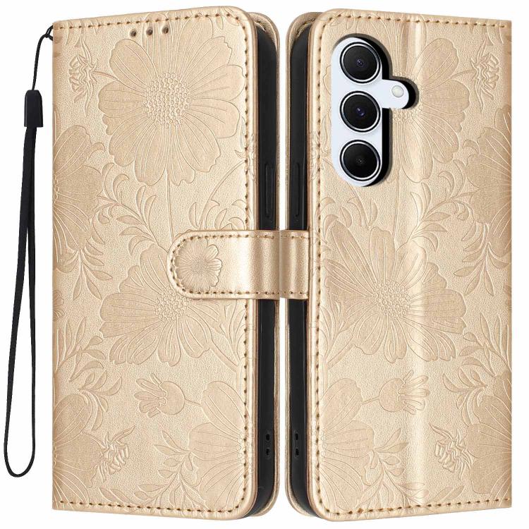 Custodia per telefono in ecopelle con stampa girasole in rilievo e cordino nero sottile., For Samsung Galaxy A06 4G, For Samsung Galaxy A15 4G / 5G, For Samsung Galaxy A55 5G, For Samsung Galaxy A35 5G