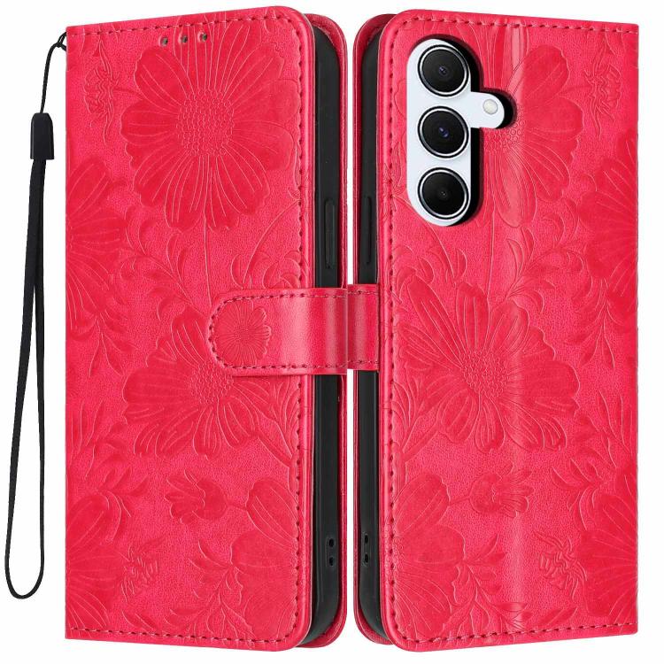 Custodia per telefono in ecopelle con stampa girasole in rilievo e cordino nero sottile., For Samsung Galaxy A06 4G, For Samsung Galaxy A15 4G / 5G, For Samsung Galaxy A55 5G, For Samsung Galaxy A35 5G