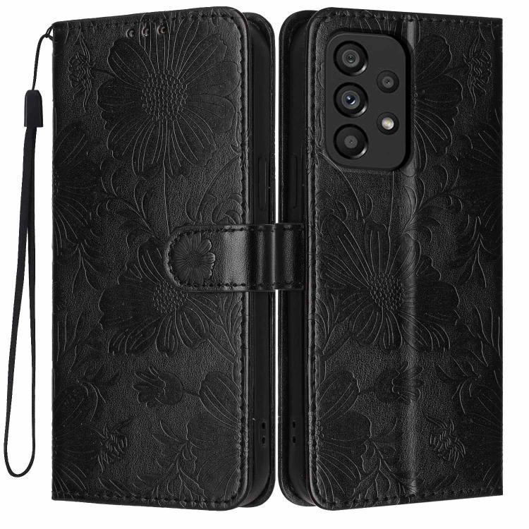 Custodia per telefono in ecopelle con stampa girasole in rilievo e cordino nero sottile., For Samsung Galaxy A05, For Samsung Galaxy A34 5G, For Samsung Galaxy A54 5G, For Samsung Galaxy A53 5G
