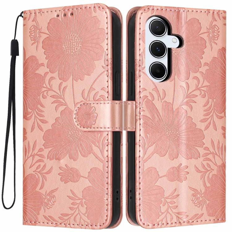 Custodia per telefono in ecopelle con stampa girasole in rilievo e cordino nero sottile., For Samsung Galaxy A05, For Samsung Galaxy A34 5G, For Samsung Galaxy A54 5G, For Samsung Galaxy A53 5G