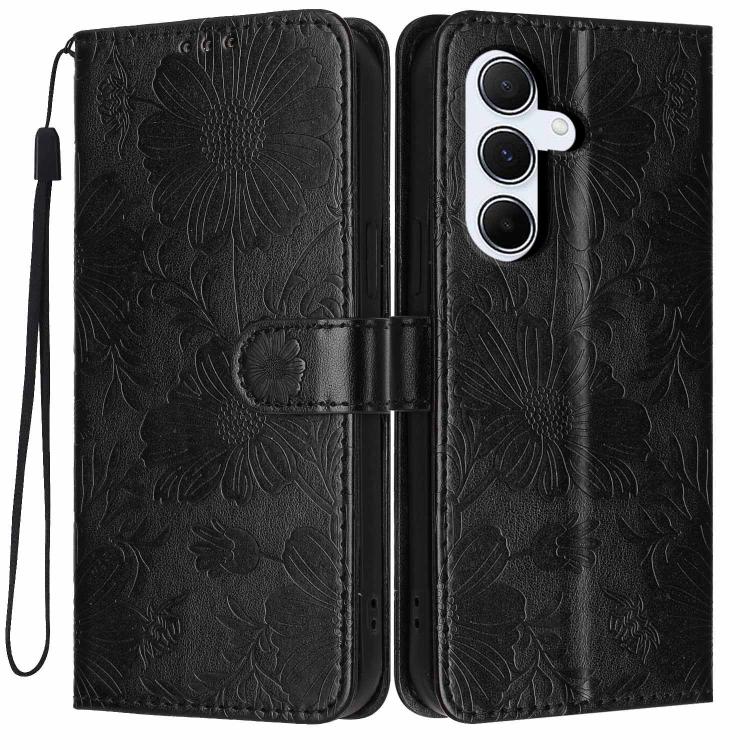Custodia per telefono in ecopelle con stampa girasole in rilievo e cordino nero sottile., For Samsung Galaxy A05, For Samsung Galaxy A34 5G, For Samsung Galaxy A54 5G, For Samsung Galaxy A53 5G