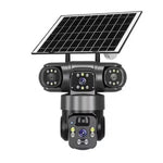 Telecamera di sorveglianza wireless WiFi a energia solare V380 Pro da 2 MP con triplo obiettivo panoramico a 360 gradi, alimentazione solare e visione a 360 gradi.