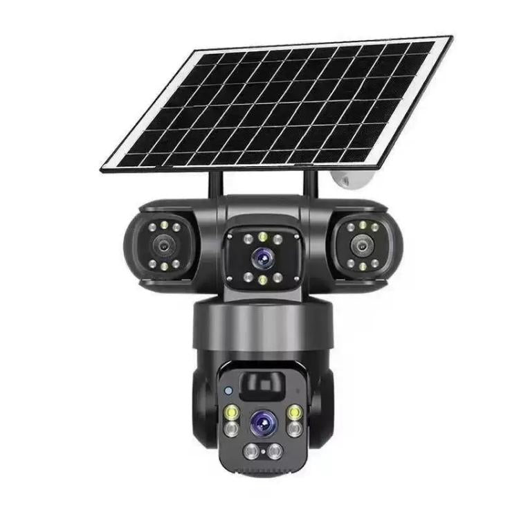 Telecamera di sorveglianza wireless WiFi a energia solare V380 Pro da 2 MP con triplo obiettivo panoramico a 360 gradi, alimentazione solare e visione a 360 gradi.
