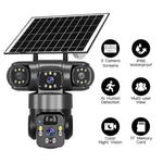 Telecamera di sorveglianza wireless WiFi a energia solare V380 Pro da 2 MP con triplo obiettivo panoramico a 360 gradi, alimentazione solare e visione a 360 gradi.