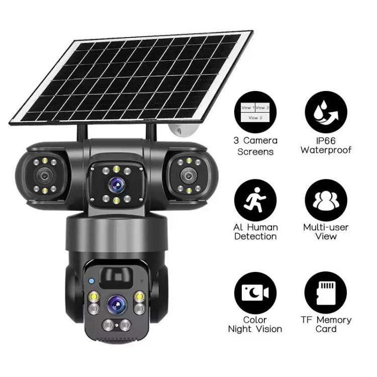 Telecamera di sorveglianza wireless WiFi a energia solare V380 Pro da 2 MP con triplo obiettivo panoramico a 360 gradi, alimentazione solare e visione a 360 gradi.