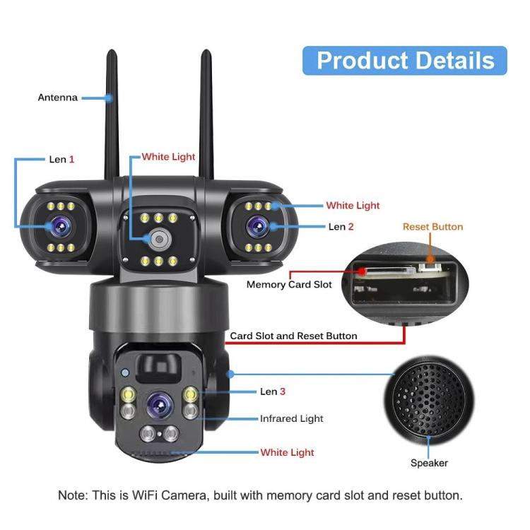 Telecamera di sorveglianza wireless WiFi a energia solare V380 Pro da 2 MP con triplo obiettivo panoramico a 360 gradi, alimentazione solare e visione a 360 gradi.