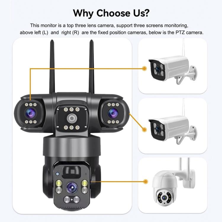 Telecamera di sorveglianza wireless WiFi a energia solare V380 Pro da 2 MP con triplo obiettivo panoramico a 360 gradi, alimentazione solare e visione a 360 gradi.
