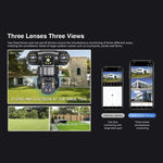 Telecamera di sorveglianza wireless WiFi a energia solare V380 Pro da 2 MP con triplo obiettivo panoramico a 360 gradi, alimentazione solare e visione a 360 gradi.