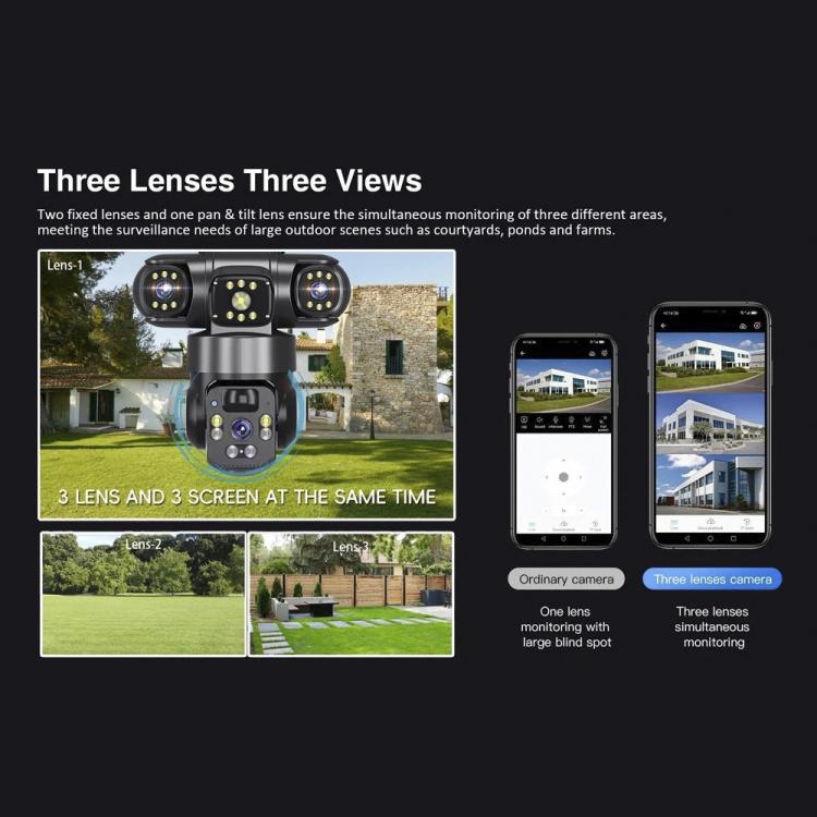 Telecamera di sorveglianza wireless WiFi a energia solare V380 Pro da 2 MP con triplo obiettivo panoramico a 360 gradi, alimentazione solare e visione a 360 gradi.
