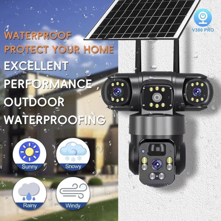 Telecamera di sorveglianza wireless WiFi a energia solare V380 Pro da 2 MP con triplo obiettivo panoramico a 360 gradi, alimentazione solare e visione a 360 gradi.