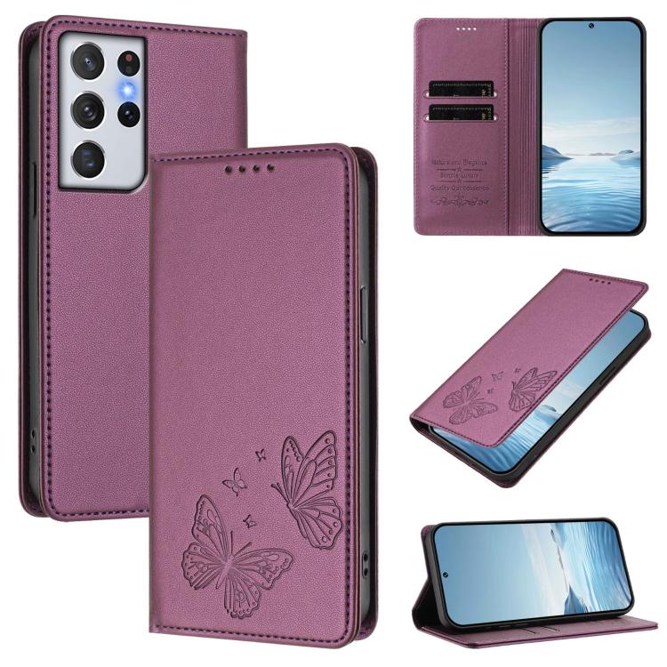 Robusta custodia per telefono in ecopelle con doppia protezione RFID a farfalla e magnete., For Galaxy S21 Ultra 5G, For Galaxy Note20 Ultra