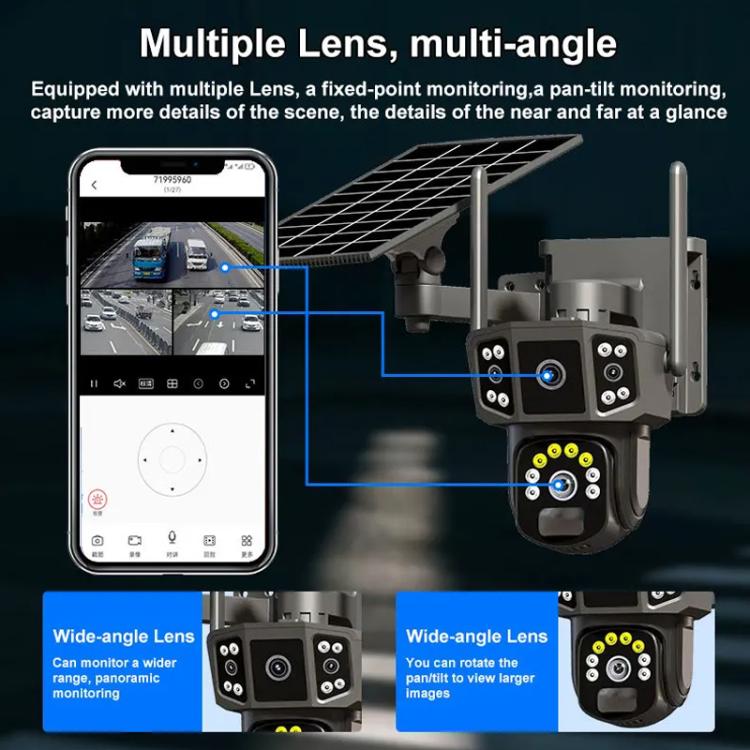Telecamera di sorveglianza wireless WiFi V380 Pro da 3 MP con doppia lente panoramica e alimentazione solare.