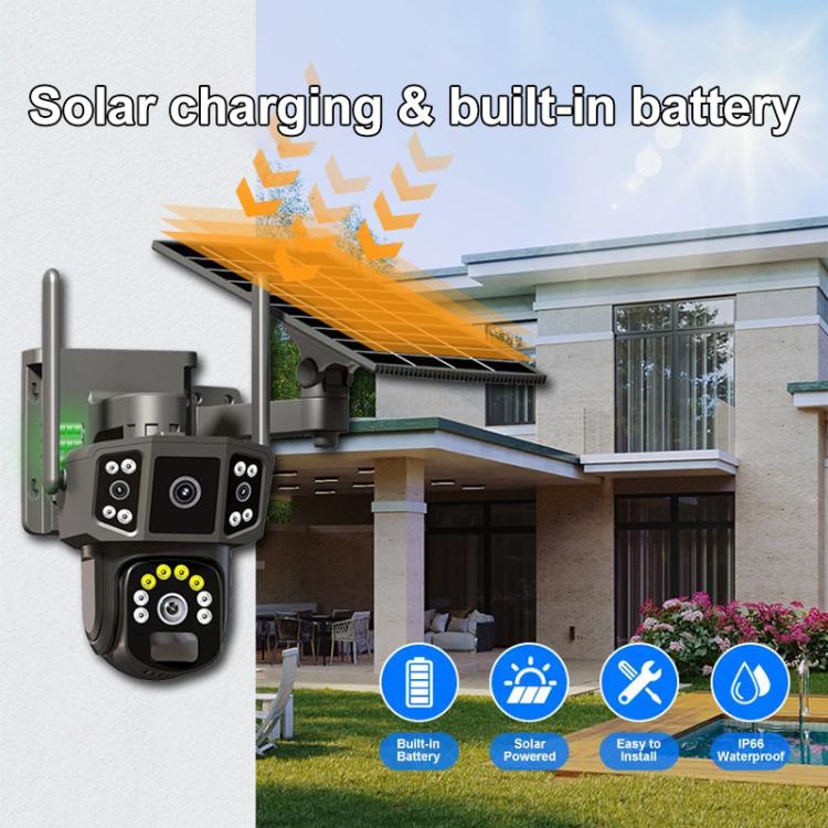 Telecamera di sorveglianza wireless WiFi V380 Pro da 3 MP con doppia lente panoramica e alimentazione solare.