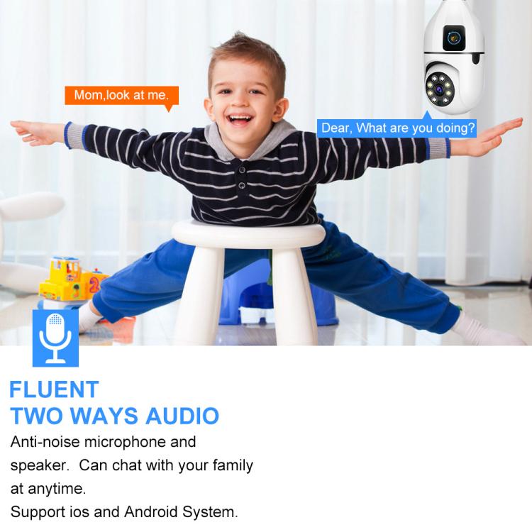 Telecamera PTZ wireless V380 Pro da 4 MP a colori con doppia lente, Wi-Fi a 2,4 GHz e attacco E27, con visione notturna.