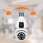 Telecamera PTZ wireless V380 Pro da 4 MP a colori con doppia lente, Wi-Fi a 2,4 GHz e attacco E27, con visione notturna.