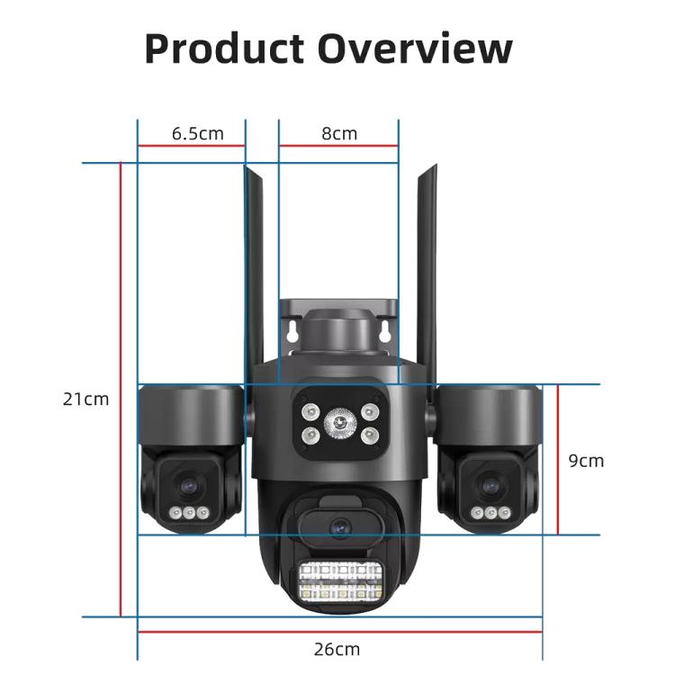 Telecamera di sicurezza wireless WiFi ICSee a triplo obiettivo da 3 MP, telecamera IP PTZ panoramica a tre schermi con visione notturna a colori., US Plug, EU Plug
