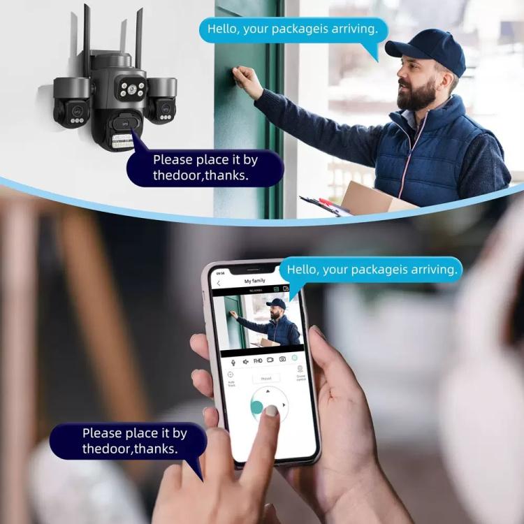 Telecamera di sicurezza wireless WiFi ICSee a triplo obiettivo da 3 MP, telecamera IP PTZ panoramica a tre schermi con visione notturna a colori., US Plug, EU Plug