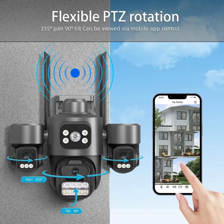 Telecamera di sicurezza wireless WiFi ICSee a triplo obiettivo da 3 MP, telecamera IP PTZ panoramica a tre schermi con visione notturna a colori., US Plug, EU Plug