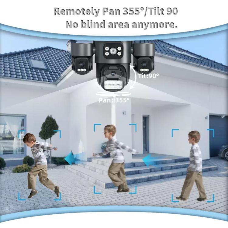 Telecamera di sicurezza wireless WiFi ICSee a triplo obiettivo da 3 MP, telecamera IP PTZ panoramica a tre schermi con visione notturna a colori., US Plug, EU Plug