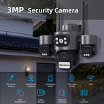 Telecamera di sicurezza wireless WiFi ICSee a triplo obiettivo da 3 MP, telecamera IP PTZ panoramica a tre schermi con visione notturna a colori., US Plug, EU Plug