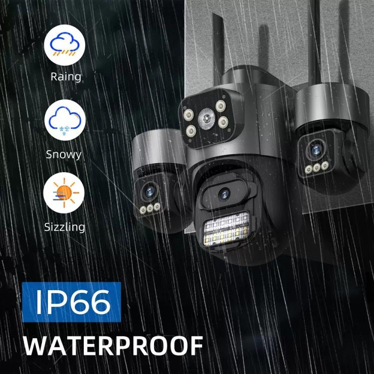 Telecamera di sicurezza wireless WiFi ICSee a triplo obiettivo da 3 MP, telecamera IP PTZ panoramica a tre schermi con visione notturna a colori., US Plug, EU Plug