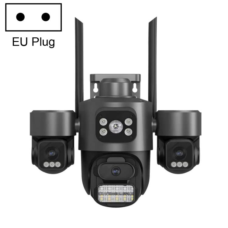Telecamera di sicurezza wireless WiFi ICSee a triplo obiettivo da 3 MP, telecamera IP PTZ panoramica a tre schermi con visione notturna a colori., US Plug, EU Plug