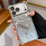 Custodia per telefono a forma di cuore in TPU galvanizzato con specchio e supporto in acrilico., For iPhone 16e / 17e, For iPhone 17 Pro Max, For iPhone 17 Pro, For iPhone 17