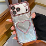 Custodia per telefono a forma di cuore in TPU galvanizzato con specchio e supporto in acrilico., For iPhone 16e / 17e, For iPhone 17 Pro Max, For iPhone 17 Pro, For iPhone 17