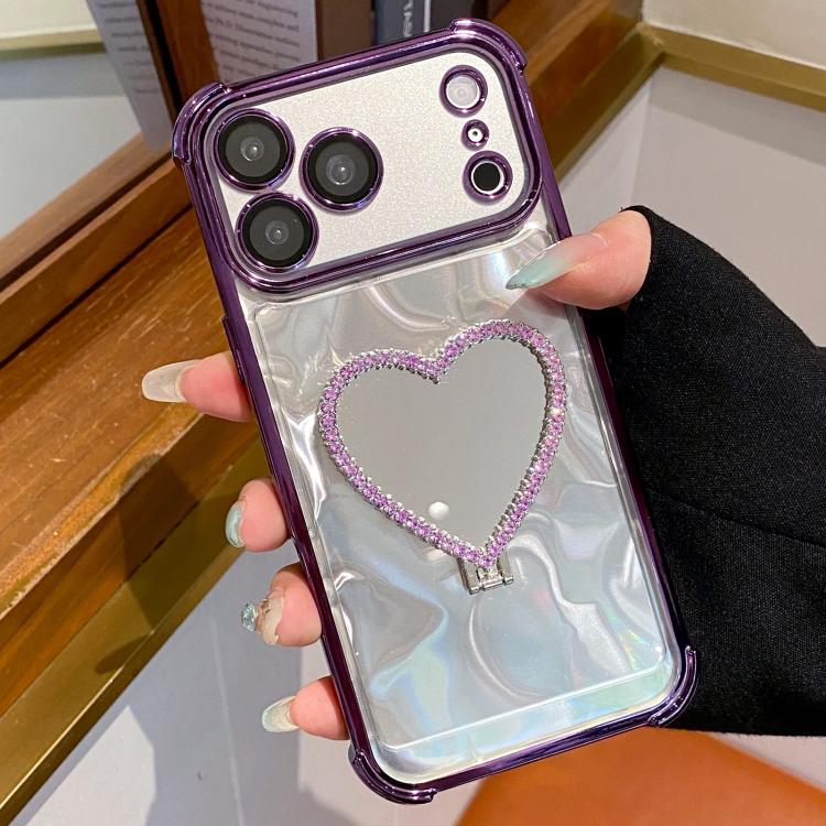 Custodia per telefono a forma di cuore in TPU galvanizzato con specchio e supporto in acrilico., For iPhone 16e / 17e, For iPhone 17 Pro Max, For iPhone 17 Pro, For iPhone 17