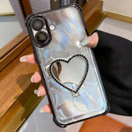 Custodia per telefono a forma di cuore in TPU galvanizzato con specchio e supporto in acrilico., For iPhone 16e / 17e, For iPhone 17 Pro Max, For iPhone 17 Pro, For iPhone 17