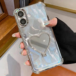 Custodia per telefono a forma di cuore in TPU galvanizzato con specchio e supporto in acrilico., For iPhone 16e / 17e, For iPhone 17 Pro Max, For iPhone 17 Pro, For iPhone 17