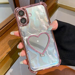 Custodia per telefono a forma di cuore in TPU galvanizzato con specchio e supporto in acrilico., For iPhone 16, For iPhone 15 Pro Max, For iPhone 15 Pro, For iPhone 15 Plus