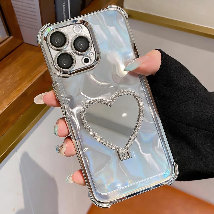 Custodia per telefono a forma di cuore in TPU galvanizzato con specchio e supporto in acrilico., For iPhone 16, For iPhone 15 Pro Max, For iPhone 15 Pro, For iPhone 15 Plus