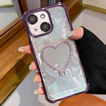 Custodia per telefono a forma di cuore in TPU galvanizzato con specchio e supporto in acrilico., For iPhone 15, For iPhone 14 Plus, For iPhone 14, For iPhone 14 Pro