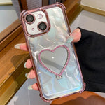 Custodia per telefono a forma di cuore in TPU galvanizzato con specchio e supporto in acrilico., For iPhone 15, For iPhone 14 Plus, For iPhone 14, For iPhone 14 Pro