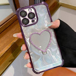 Custodia per telefono a forma di cuore in TPU galvanizzato con specchio e supporto in acrilico., For iPhone 15, For iPhone 14 Plus, For iPhone 14, For iPhone 14 Pro