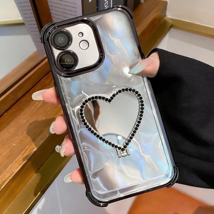 Custodia per telefono a forma di cuore in TPU galvanizzato con specchio e supporto in acrilico., For iPhone 12, For iPhone 12 Pro Max, For iPhone 12 Pro, For iPhone 11 Pro Max